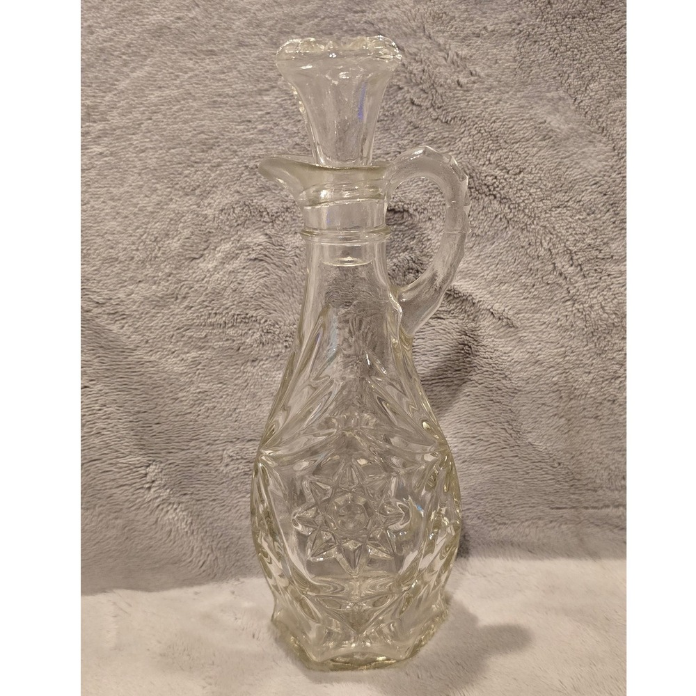 Vintage Anchor Hocking Star of David Clear Pressed Glass Cruet with Stopper 7.5"